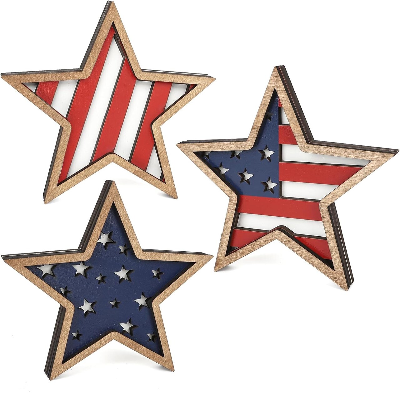 Set of 3 - 4th of July Decorations Wooden Stars (Red White Blue)